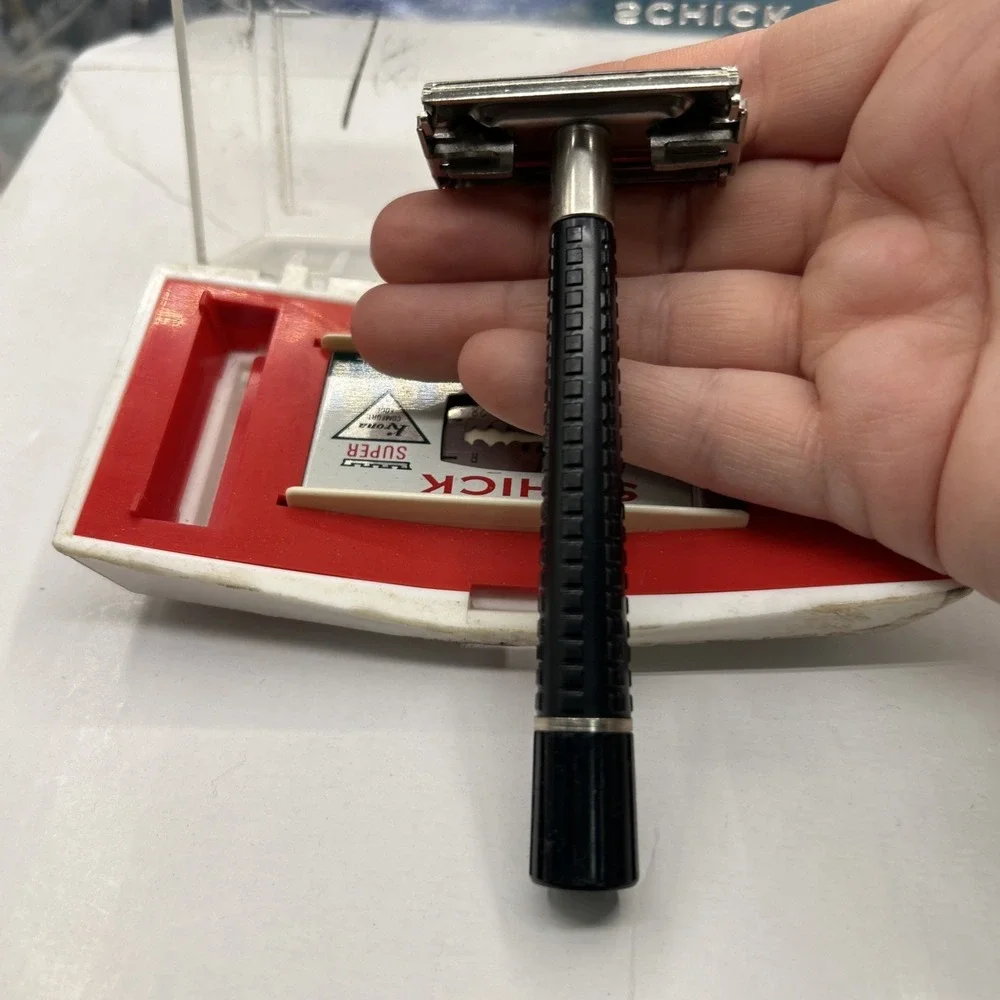 Vintage 1960's Schick Krona Safety Razor, DE, Super Speed, Black Flared Handle
